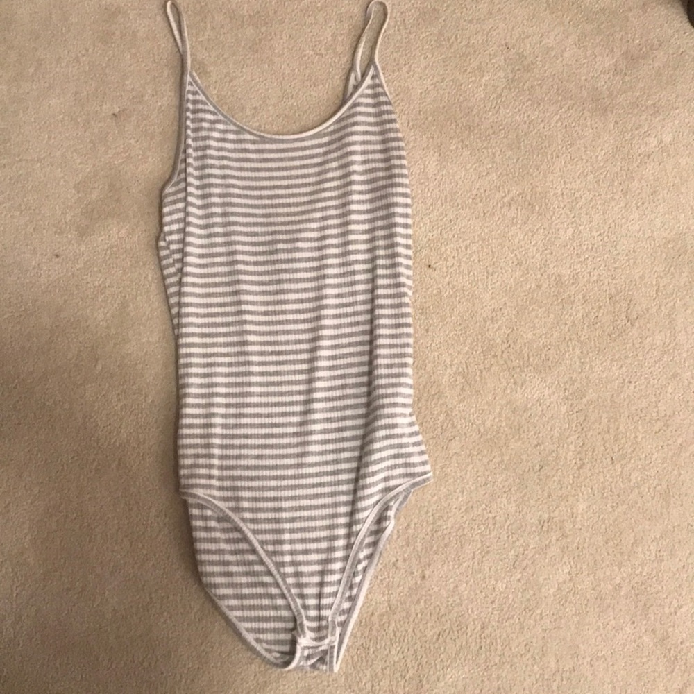Gray and white striped cotton scooped body suit